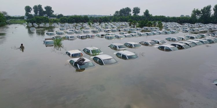 ग्रेटर नोएडा में हिंडन नदी का जलस्तर बढ़ने से यार्ड में पहुंचा पानी, 400 गाड़ियां पानी में डूबी। देखे वीडियो