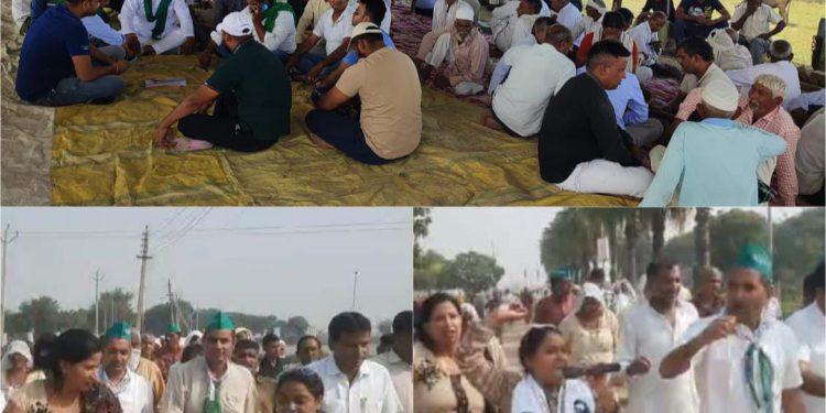 बिल्डर की तानाशाही के खिलाफ धरना दे रहे किसानों ने बिल्डर साईट पर निकाला पैदल मार्च