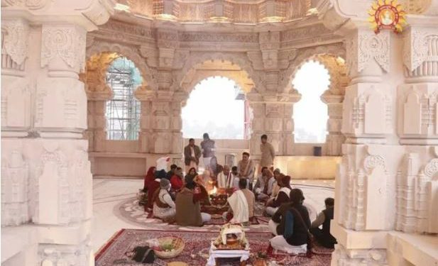 अनुष्ठान में अरणि मंथन विधि से अग्निदेव को किया गया प्रकट, महेश भागचंदका बने प्राण प्रतिष्ठा के दूसरे यजमान