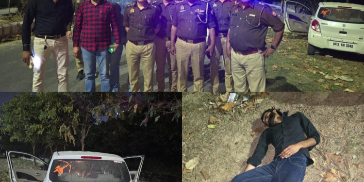 कार लुटेरे बदमाशों से पुलिस की हुई मुठभेड़, एक बदमाश के पैर में लगी गोली दूसरा फरार