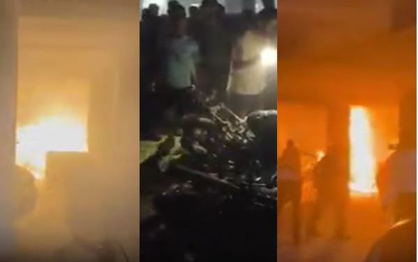 ग्रेटर नोएडा वेस्ट की फ्यूजन होम्स सोसाइटी के बेसमेंट में पटाखे की चिंगारी से वाहनों में आग लगी